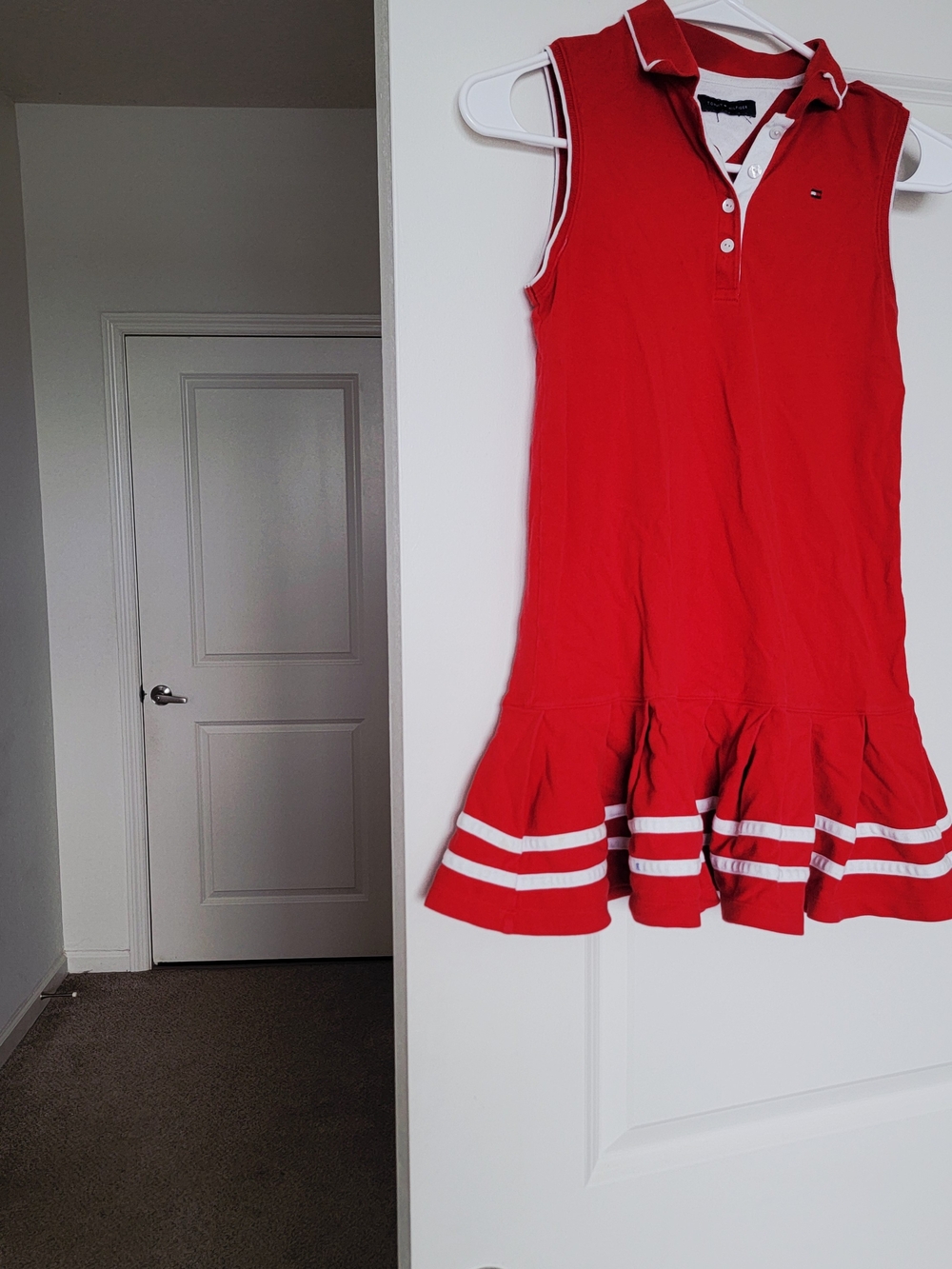 Tommy Hilfiger Red Sleeveless Polo Dress with White Stripe Hem